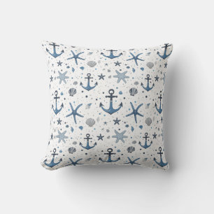 Nautical Anchor Starfish BlueWhite Throw Pillow