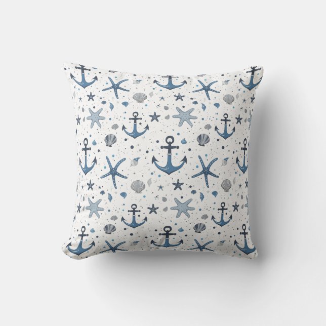 Nautical Anchor Starfish BlueWhite Throw Pillow (Front)