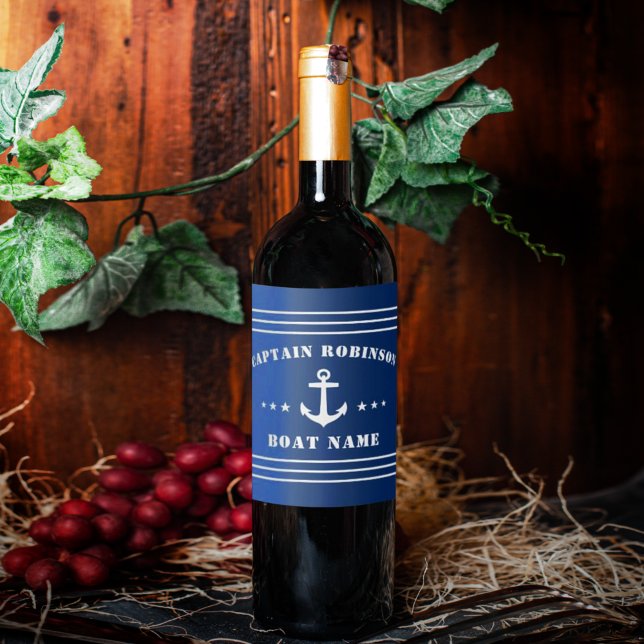 Nautical Anchor Stars Captain Name and Boat Navy Wine Label (Creator Uploaded)
