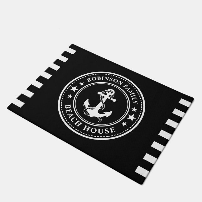 Nautical Anchor Stars Family Beach House Black Doormat (Angled)