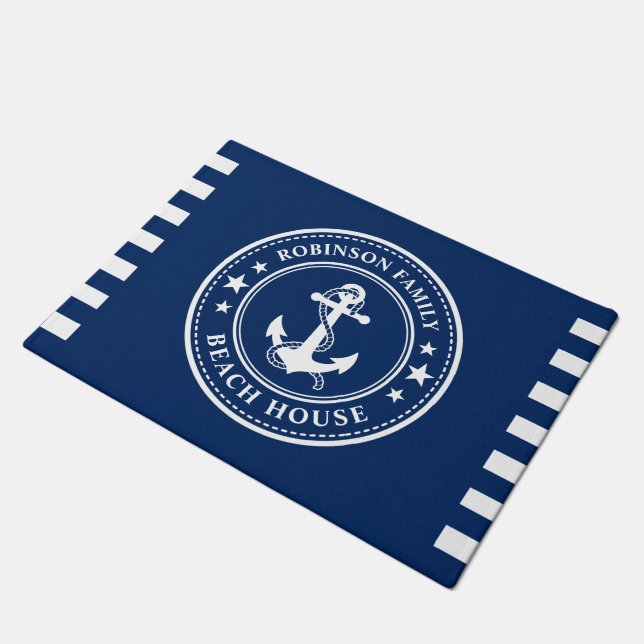 Nautical Anchor Stars Family Name Beach House Navy Doormat (Angled)