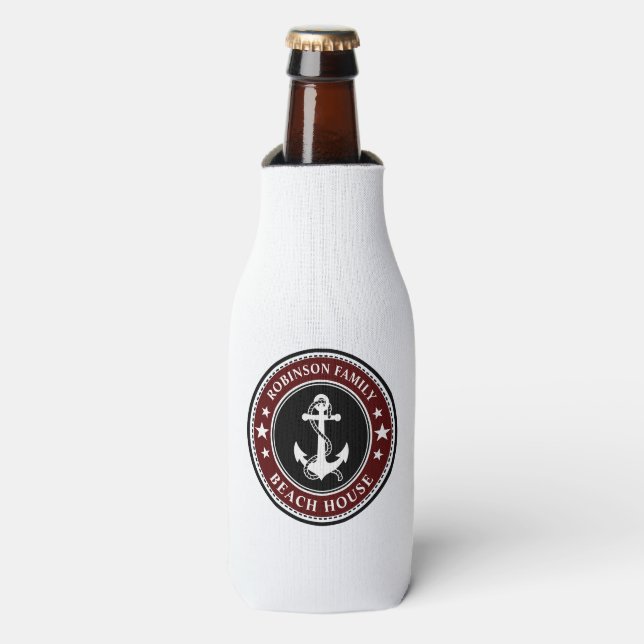 Nautical Anchor Stars Your Family Beach House Red Bottle Cooler (Bottle Front)