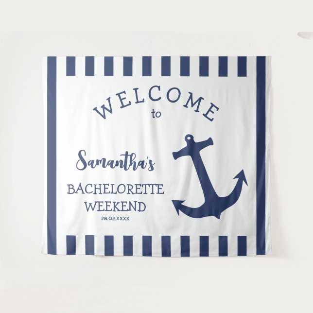 Nautical Anchor Stripe Bachelorette Party Backdrop Tapestry (Front (Horizontal))