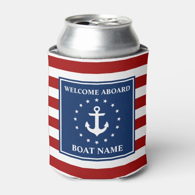Nautical Anchor Striped Boat Name Stars Can Cooler (Can Front)
