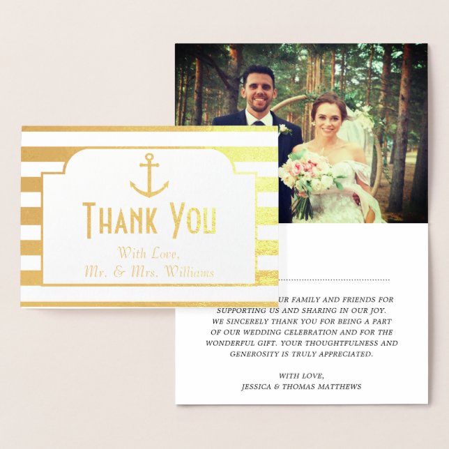 Nautical Anchor Stripes Photo Wedding Thank You Foil Card (Display)