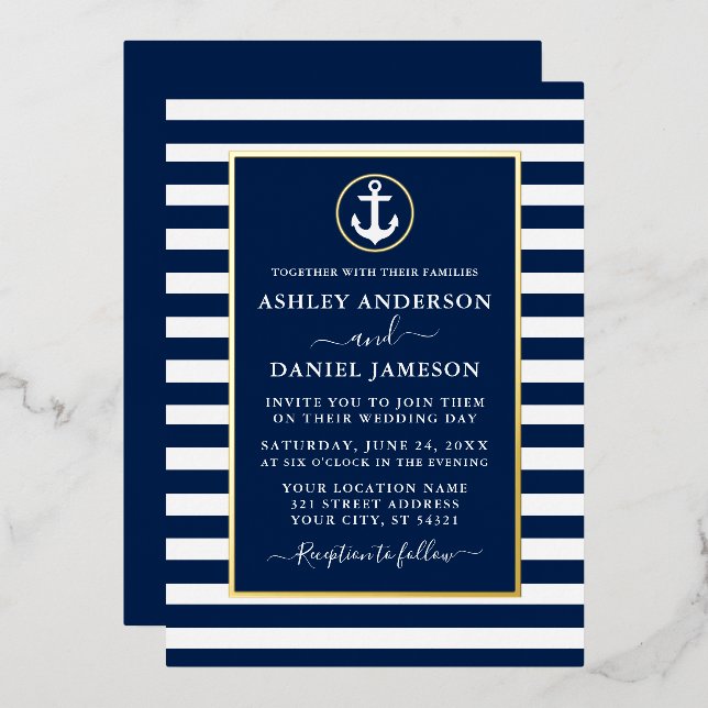 Nautical Anchor Stripes Wedding Blue Gold (Front/Back)