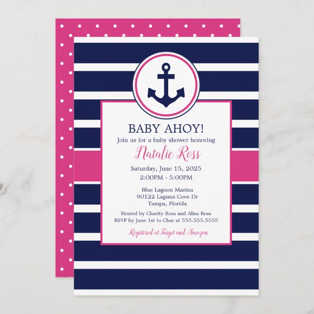 Nautical Anchor Summer Ahoy! Girl Baby Shower Invitation (Front/Back)