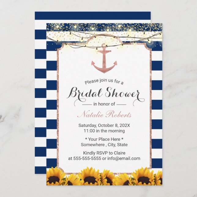 Nautical Anchor Sunflower Navy Blue Bridal Shower Invitation (Front/Back)