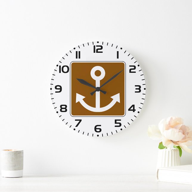 Nautical Anchor Symbol Brown Marina Sign Large Clock (Creator Uploaded)