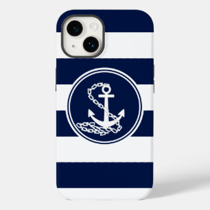 Nautical Anchor Symbol, White And Blue Stripes Case-Mate iPhone 14 Case