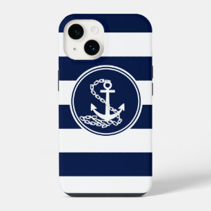 Nautical Anchor Symbol, White And Blue Stripes iPhone 14 Case