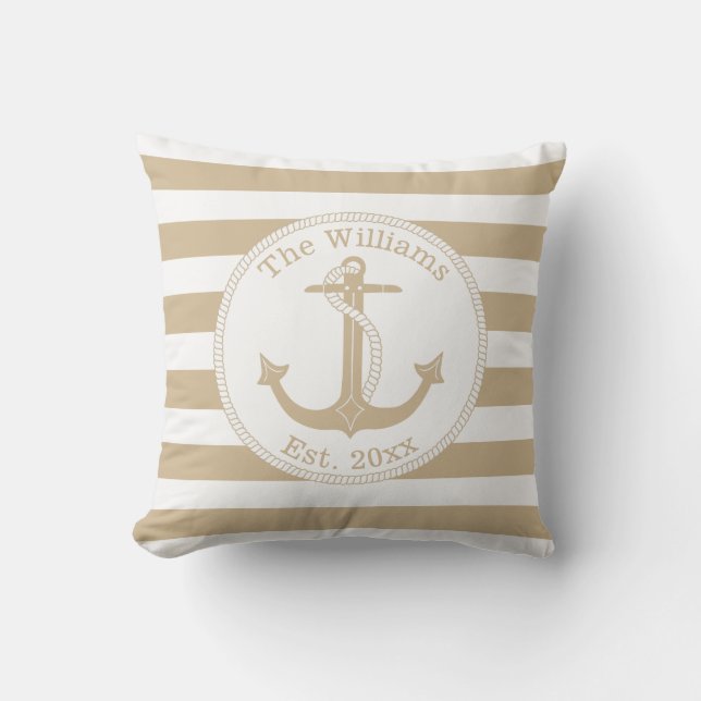 Nautical Anchor Tan White Stripes Family Name Cushion (Front)