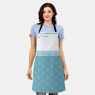Nautical anchor teal blue white grey monogram name apron