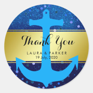 Nautical Anchor Thank You Wedding Blue Confetti Classic Round Sticker