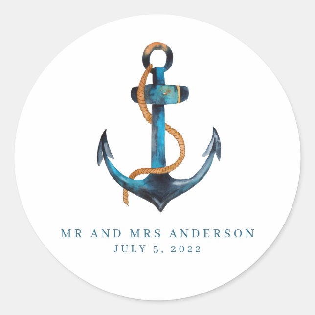 Nautical Anchor Turquoise Beach Wedding Favour Classic Round Sticker (Front)
