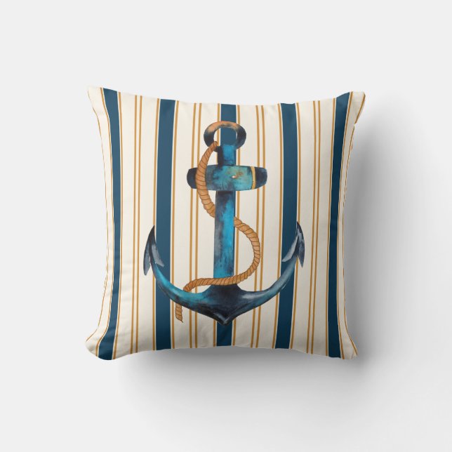 Nautical Anchor Turquoise Gold Stripe Beach Cushion (Front)