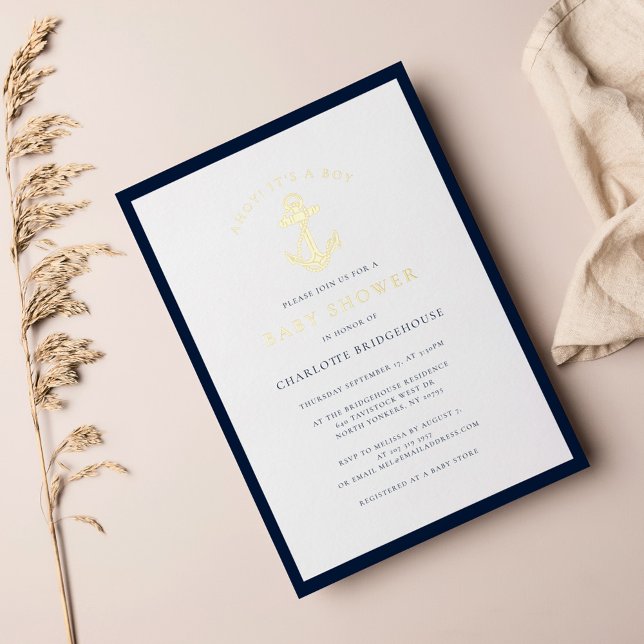 Nautical Anchor Typography Boy Baby Shower Gold (Nautical Anchor Baby Shower Gold Foil Invitation)