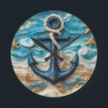 Nautical Anchor Wall Clock<br><div class="desc">Bring the beauty of the sea to your wall with this striking nautical clock, featuring a bold navy anchor surrounded by swirling teal waves, sand, and starfish. This coastal-inspired design is perfect for adding a breezy, oceanfront vibe to your kitchen, bathroom, office, or beach house entryway. The crisp anchor silhouette...</div>