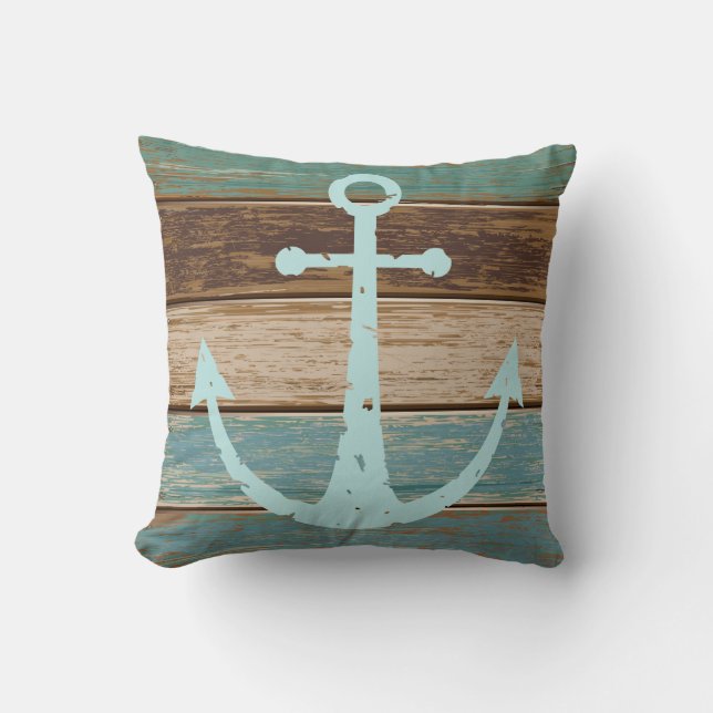 Nautical Anchor Weathered Wood Coastal Themed Cushion (Front)