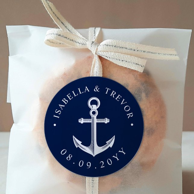 Nautical Anchor Wedding Date Classic Round Sticker (Creator Uploaded)