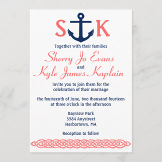 Nautical Anchor Wedding Invitation Navy and Coral