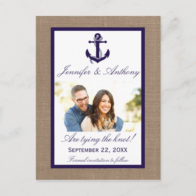 Nautical Anchor Wedding Photo Save The Date Announcement Postcard (Front)