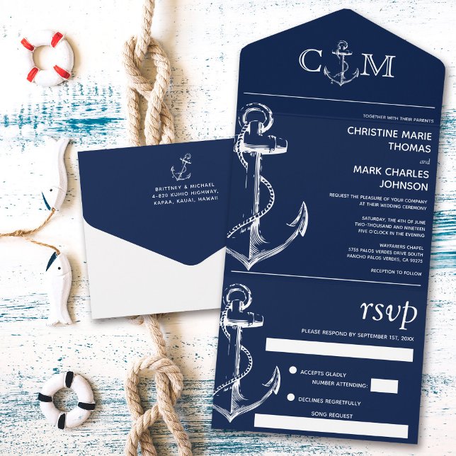 Nautical Anchor Wedding Song Request Navy Blue All In One Invitation (Creator Uploaded)
