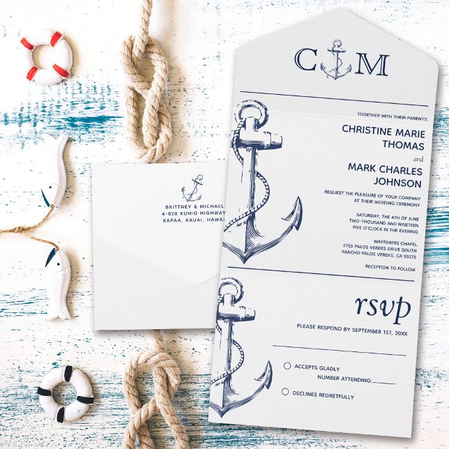 Nautical Anchor Wedding White All In One Invitation (Creator Uploaded)