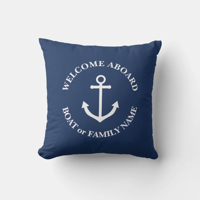 Nautical anchor welcome aboard personalised pillow (Front)
