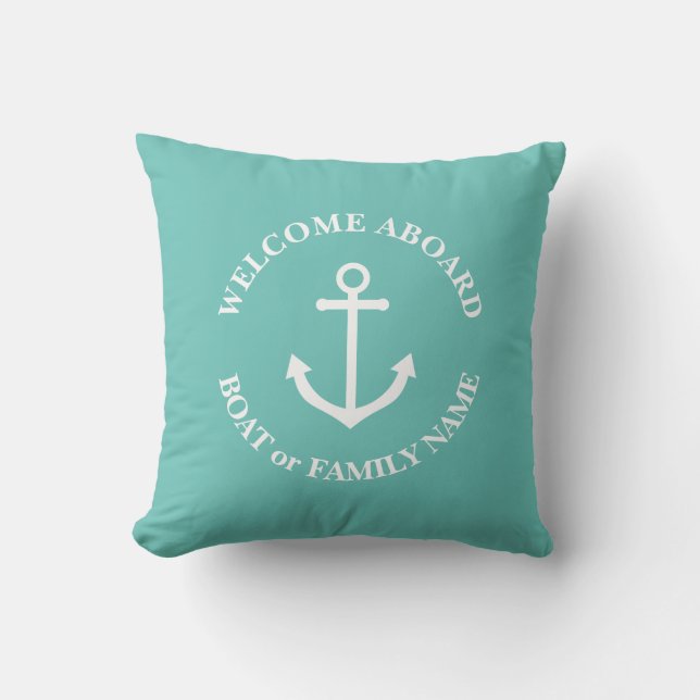 Nautical anchor welcome aboard personalised pillow (Front)