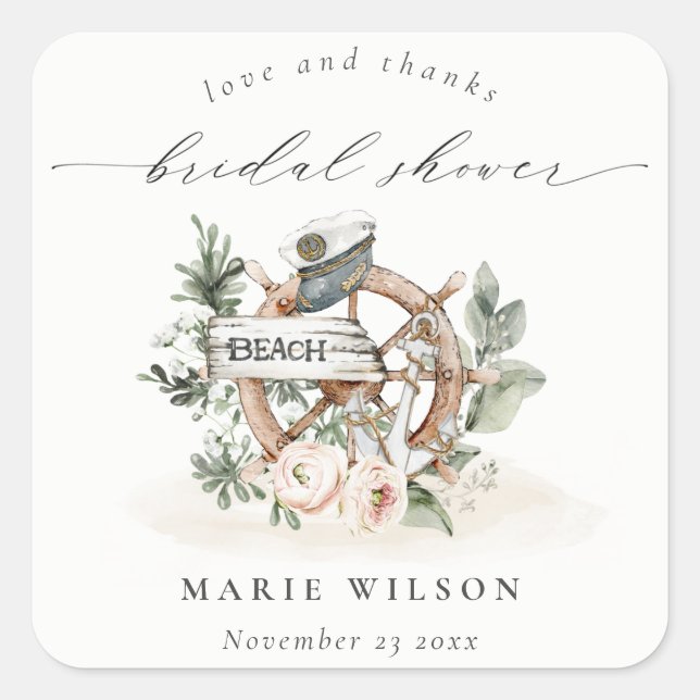 Nautical Anchor Wheel Leafy Floral Bridal Shower Square Sticker (Front)
