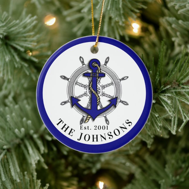 Nautical Anchor Wheel Navy Blue Metal Ornament (Tree)