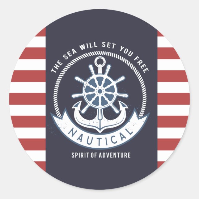 Nautical Anchor,Wheel, Navy Blue,Red Stripes Classic Round Sticker (Front)
