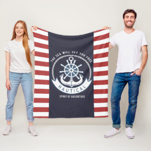 Nautical Anchor,Wheel, Navy Blue,Red Stripes Fleece Blanket