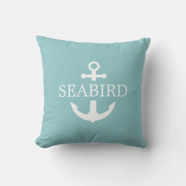 Nautical Anchor White & Aqua. Custom Boat Name Cushion (Front)