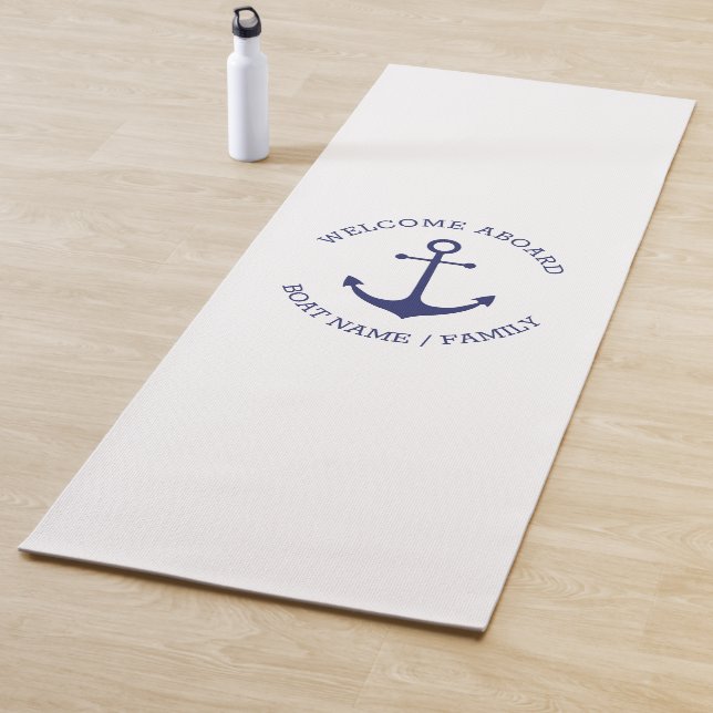 Nautical anchor white Custom name Welcome Aboard Yoga Mat (In Situ)