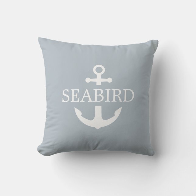 Nautical Anchor White & Dusty Blue. Boat Exterior. Cushion (Front)