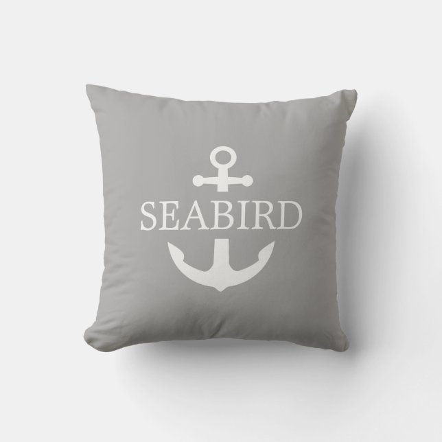 Nautical Anchor White on Warm Grey. Custom Boat Cushion (Front)