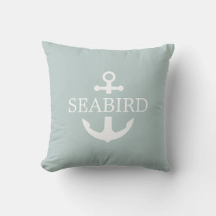 Nautical Anchor White & Sage. Custom Boat Name. Cushion
