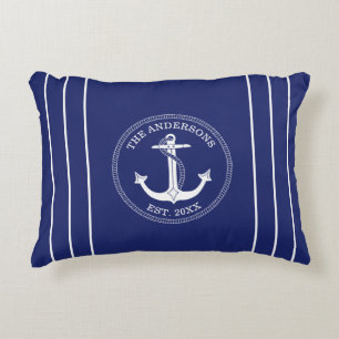 Nautical Anchor White Stripes on Blue Family Name Decorative Cushion