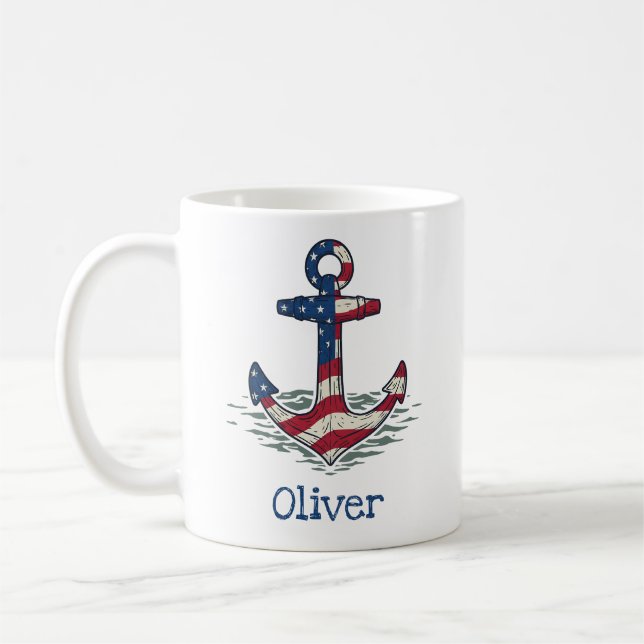 Nautical Anchor with American Flag  Coffee Mug (Left)