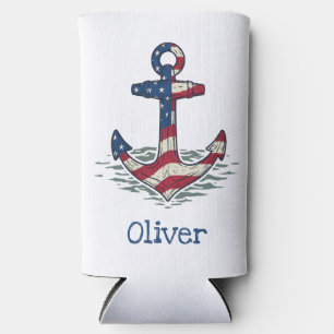 Nautical Anchor with American Flag Seltzer Can Cooler