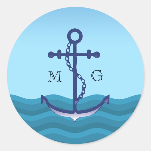 Nautical Anchor with Double Monogram Classic Round Sticker (Front)