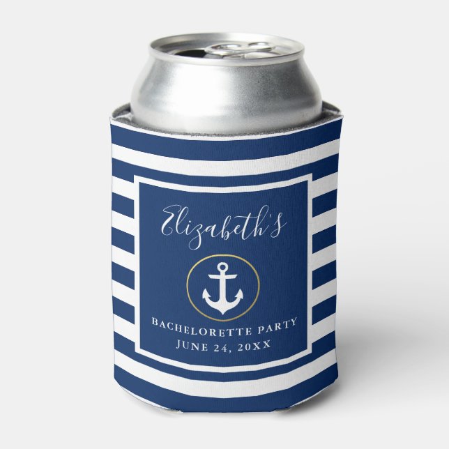 Nautical Anchor with Gold Ring Bachelorette Party Can Cooler (Can Front)