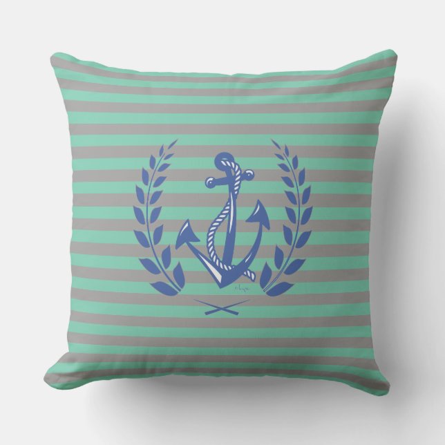 Nautical Anchor with grey stripes Cushion (Front)