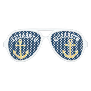Nautical Anchor with Navy Yellow Chevron Pattern Aviator Sunglasses