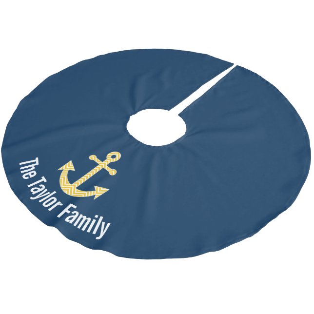 Nautical Anchor with Navy Yellow Chevron Pattern Brushed Polyester Tree Skirt (Angled)
