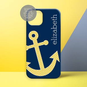 Nautical Anchor with Navy Yellow Chevron Pattern iPhone 15 Case
