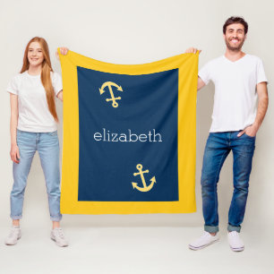 Nautical Anchor with Navy Yellow Chevron Pattern Fleece Blanket