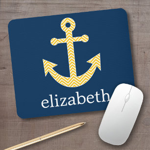 Nautical Anchor with Navy Yellow Chevron Pattern Mouse Pad